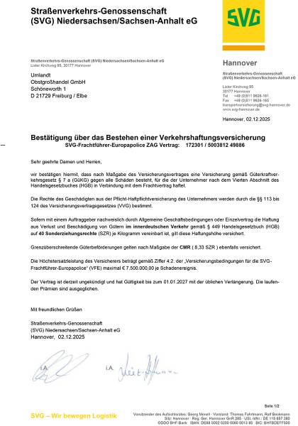 Versicherungsbestaetigung Umlandt